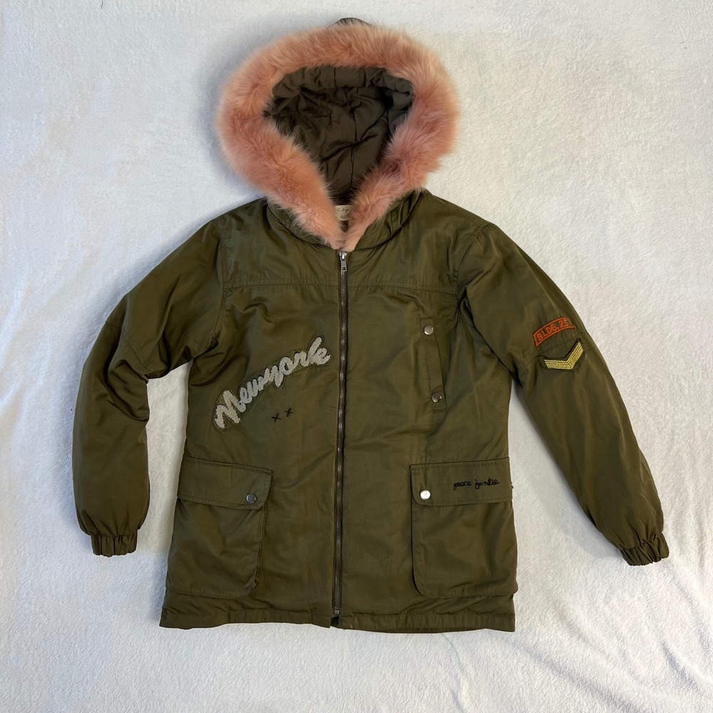 Vintage Havana Olive Green Faux Fur Hooded Parka Y2K Streetwear Jacket Small